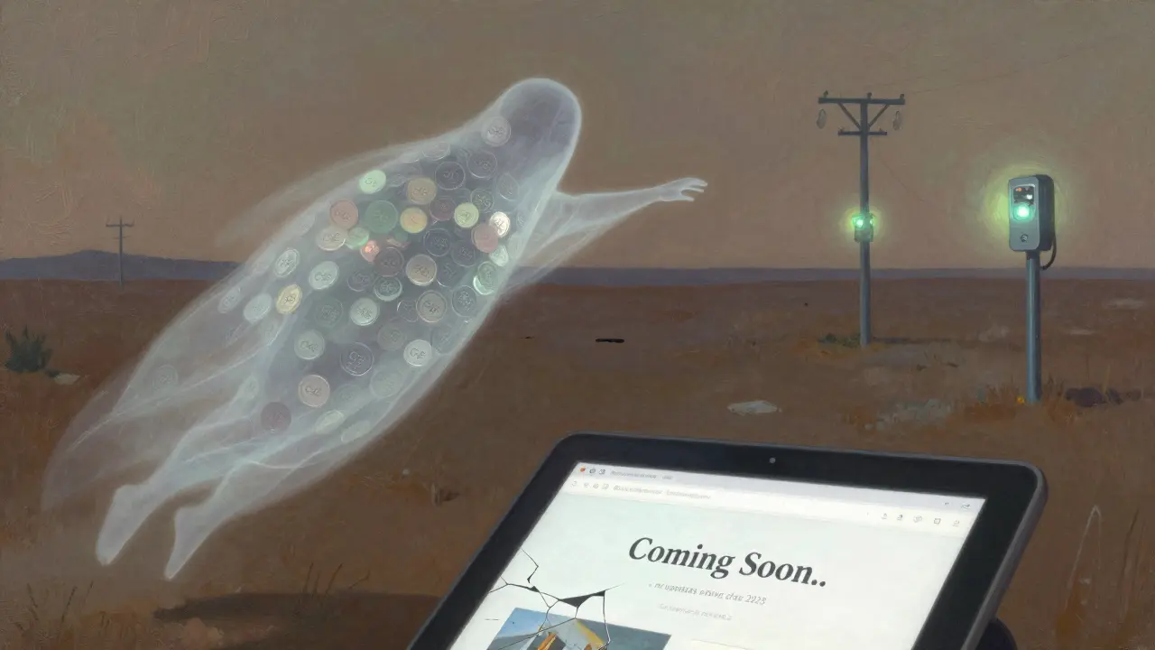 A ghostly token figure reaches toward active energy infrastructure, while a frozen 'Coming Soon' website lies cracked below.