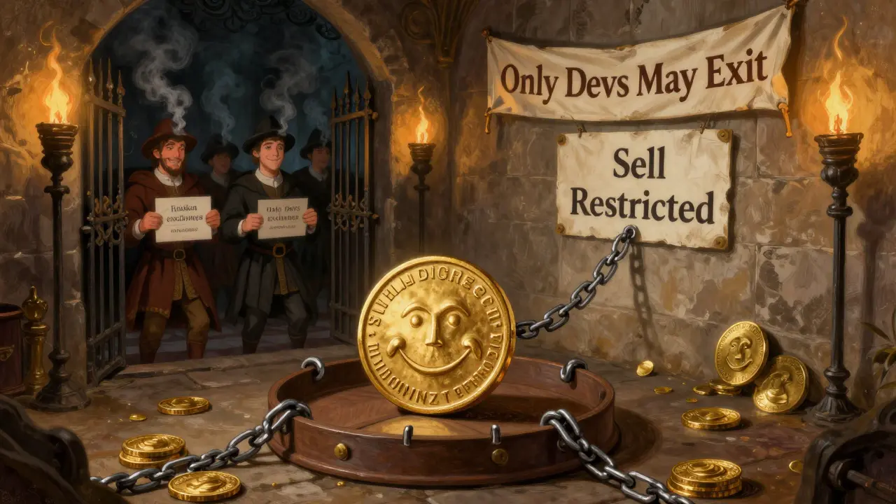A golden token lures investors while their wallets are chained, as developers secretly sell tokens behind a 'Sell Restricted' gate.