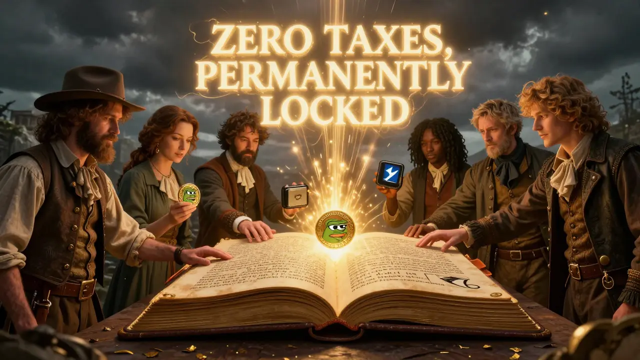 A group of people gathering around a blockchain ledger with golden text glowing above.