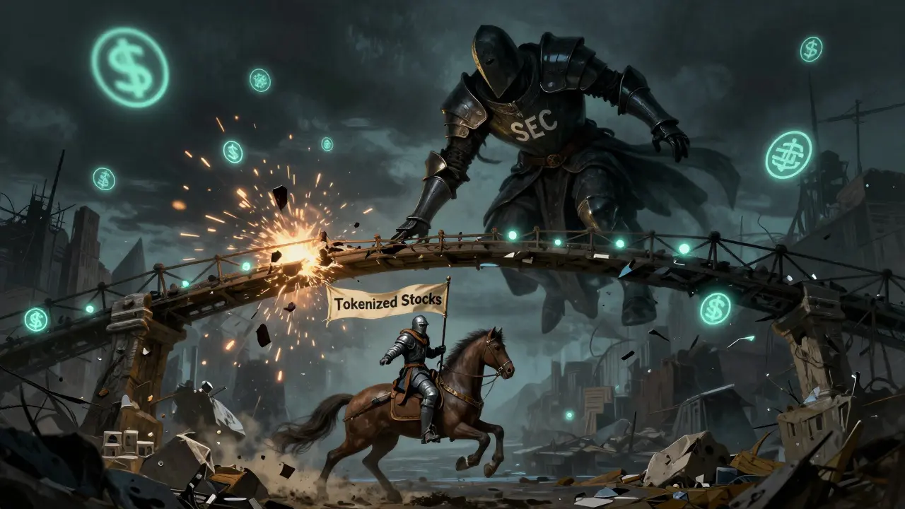 A knight rides forward on a bridge of smart contracts as a shadowy SEC figure looms, symbolizing regulatory risk.