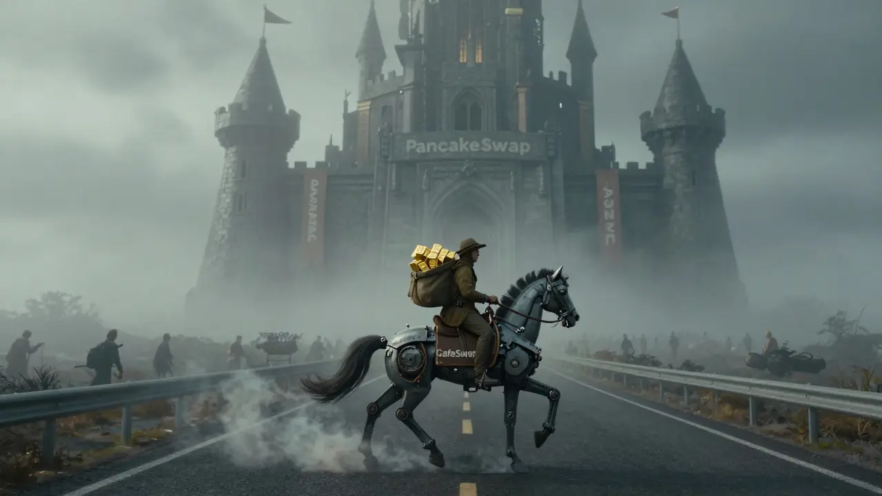 A lone rider on a mechanical horse carries tokenized gold along a misty highway, with a distant castle representing PancakeSwap.