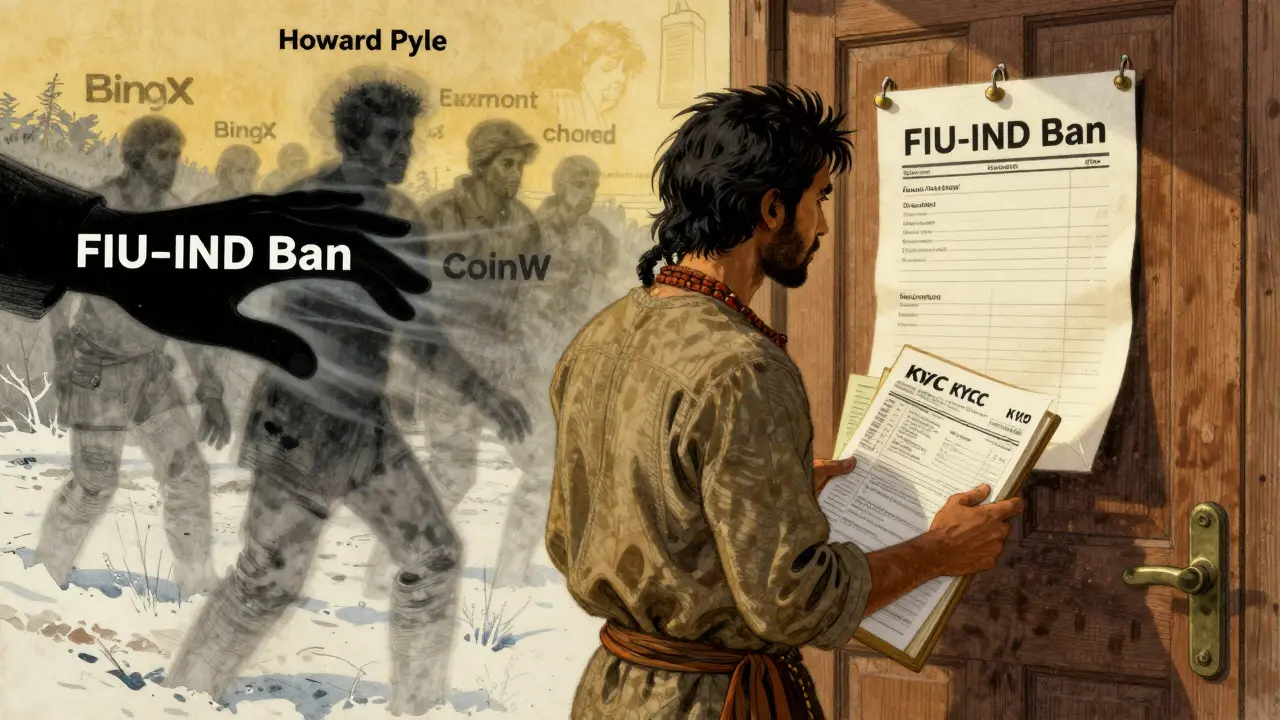 A man walking away from a frozen bank account, holding tax records, while ghostly crypto exchanges fade behind him in illustrated realism.