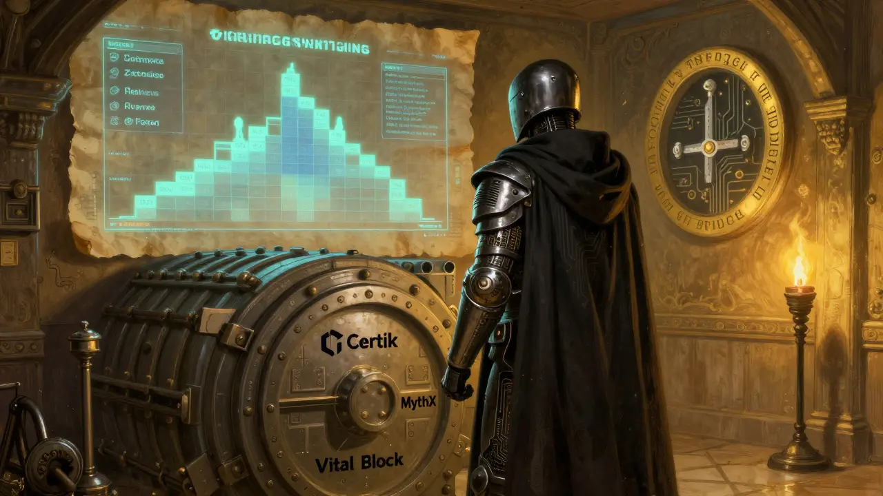 A sentinel guards a vault with audit logos, as a parchment heatmap glows nearby under torchlight and cryptographic runes.