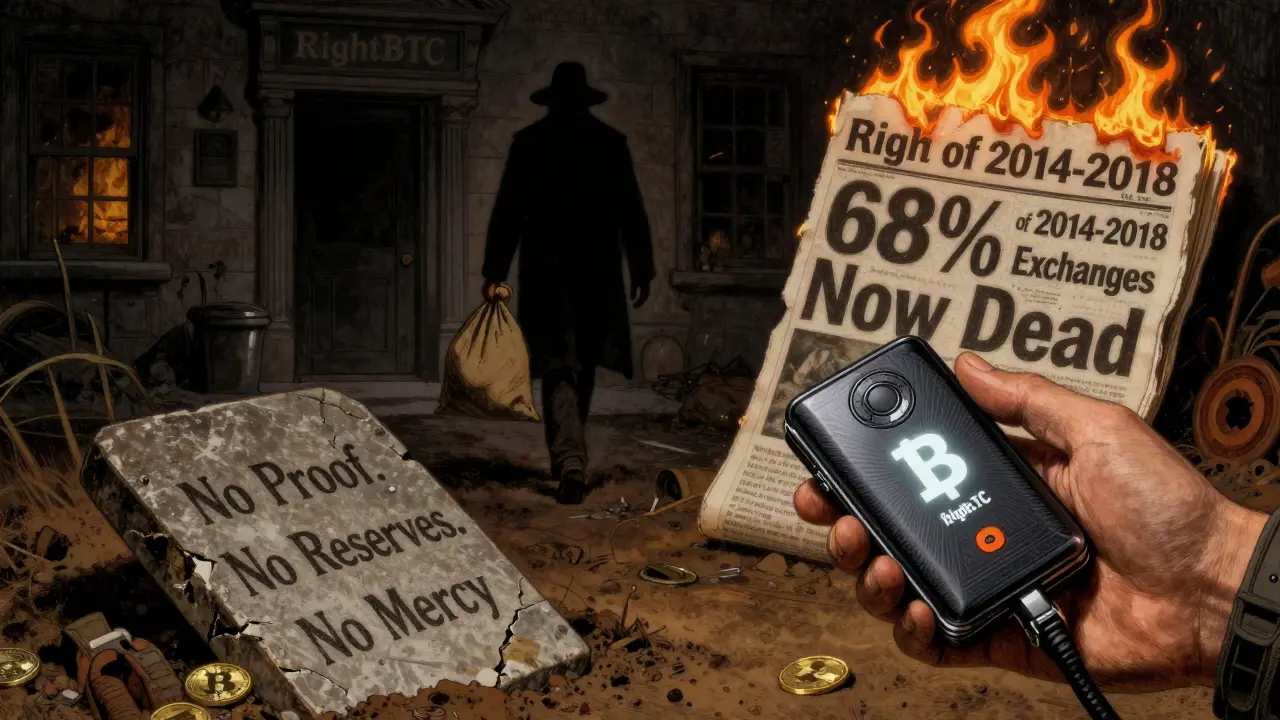 A shadowy figure walks away from a darkened RightBTC building as flames consume a headline about exchange failures, with a hardware wallet glowing in hand.