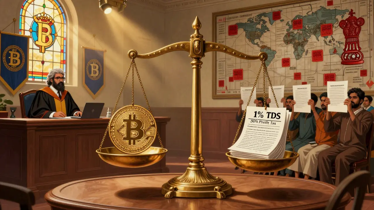 A symbolic courtroom balances crypto against heavy taxes, with RBI and SEBI overseeing regulation in a dramatic illustration.