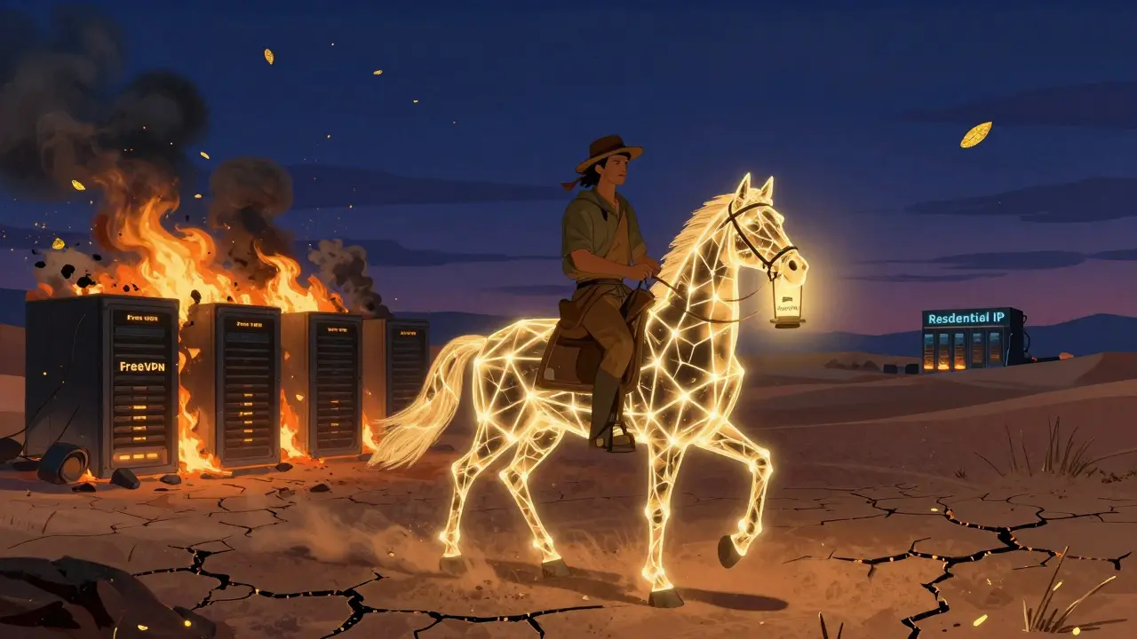 A trader rides a blockchain steed toward safety, leaving behind burning servers, guided by a protective VPN lantern.