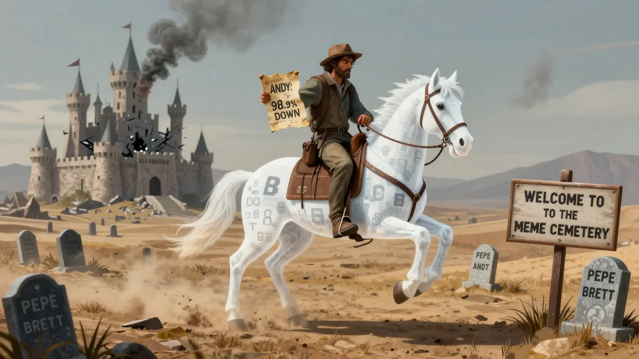A traveler on a phantom horse rides through a barren wasteland, passing a sign to a collapsed castle labeled 'All-Time High'.