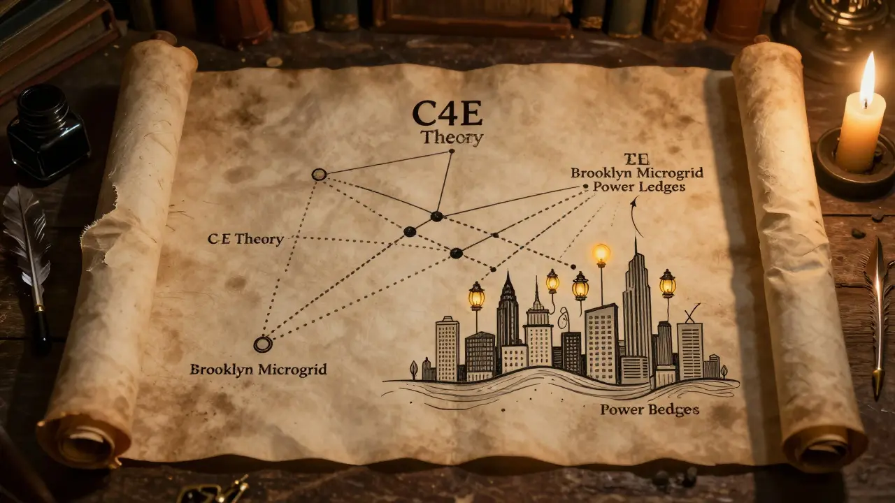 An abandoned parchment map shows C4E's theoretical network ending in emptiness, while real energy projects thrive in detailed illustration.