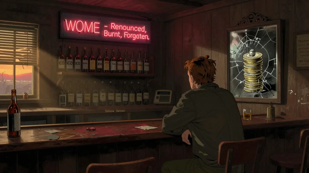 An empty saloon with a patron staring at a mirror reflecting millions of WOME tokens, under a flickering 'Forgotten' sign.