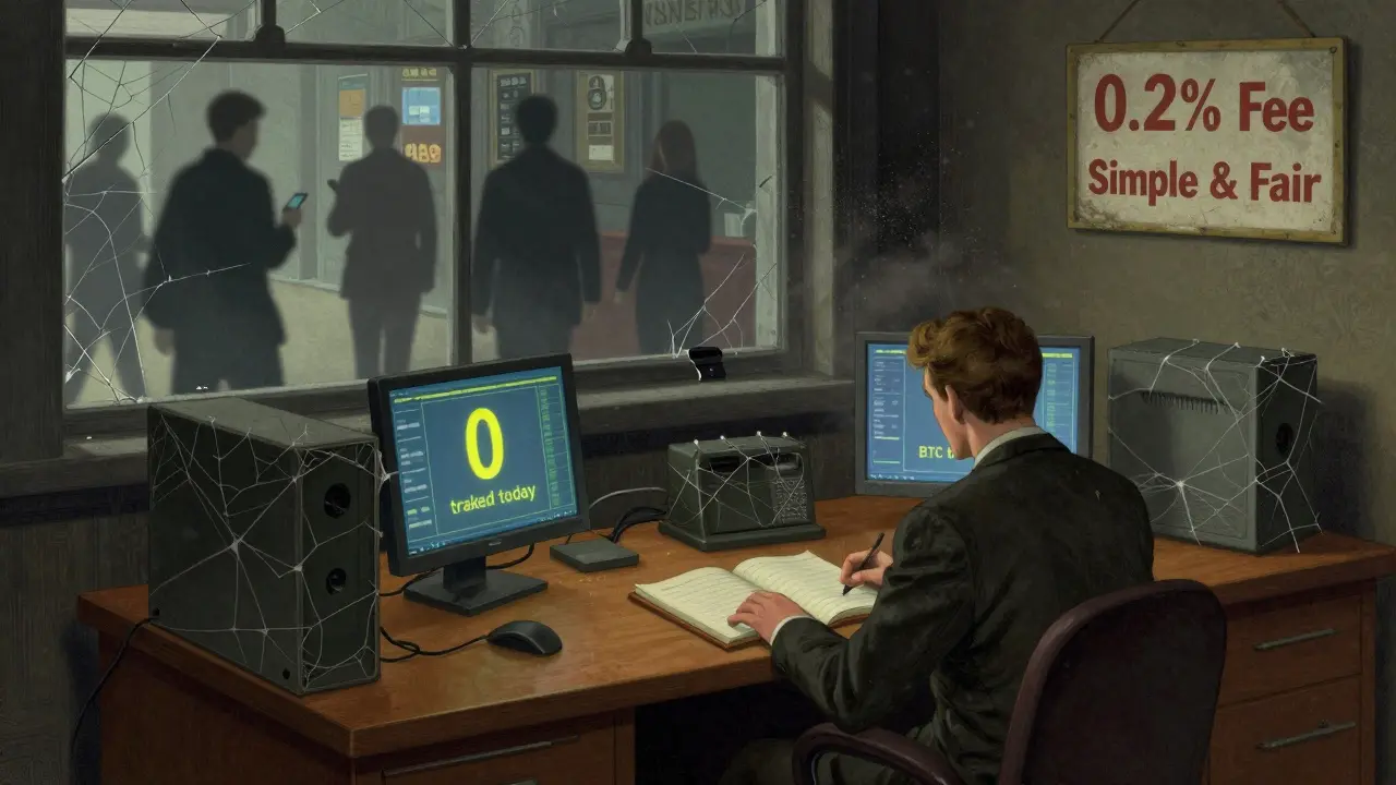 An empty trading floor in 2018 with a lone clerk, cobwebbed terminals, and a faded '0.2% Fee' sign as traders move on to modern platforms.