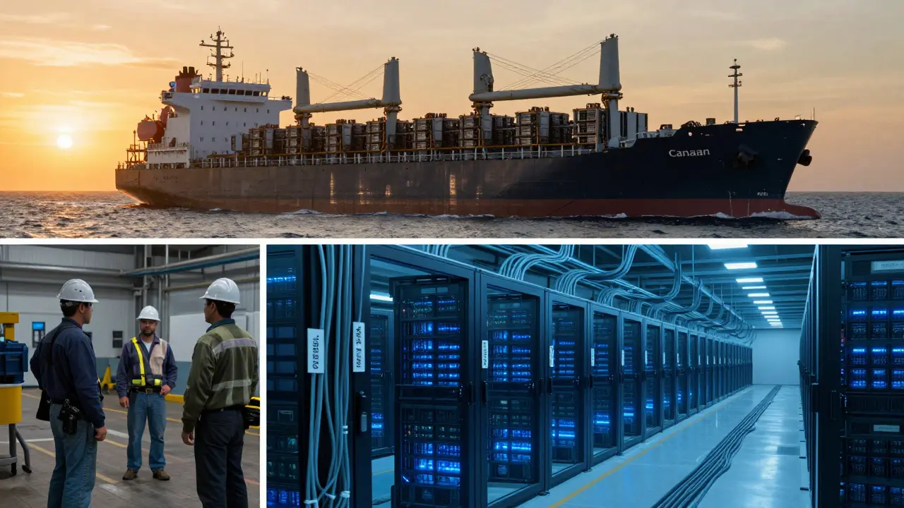 Bitcoin mining equipment arriving at a Texas dock, ready to be installed in a U.S. data center.