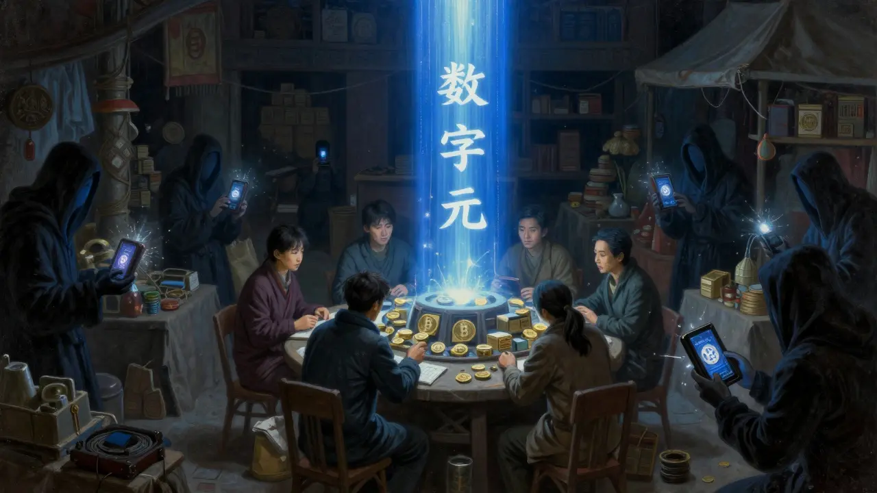 Blue light of digital yuan over market shadows.