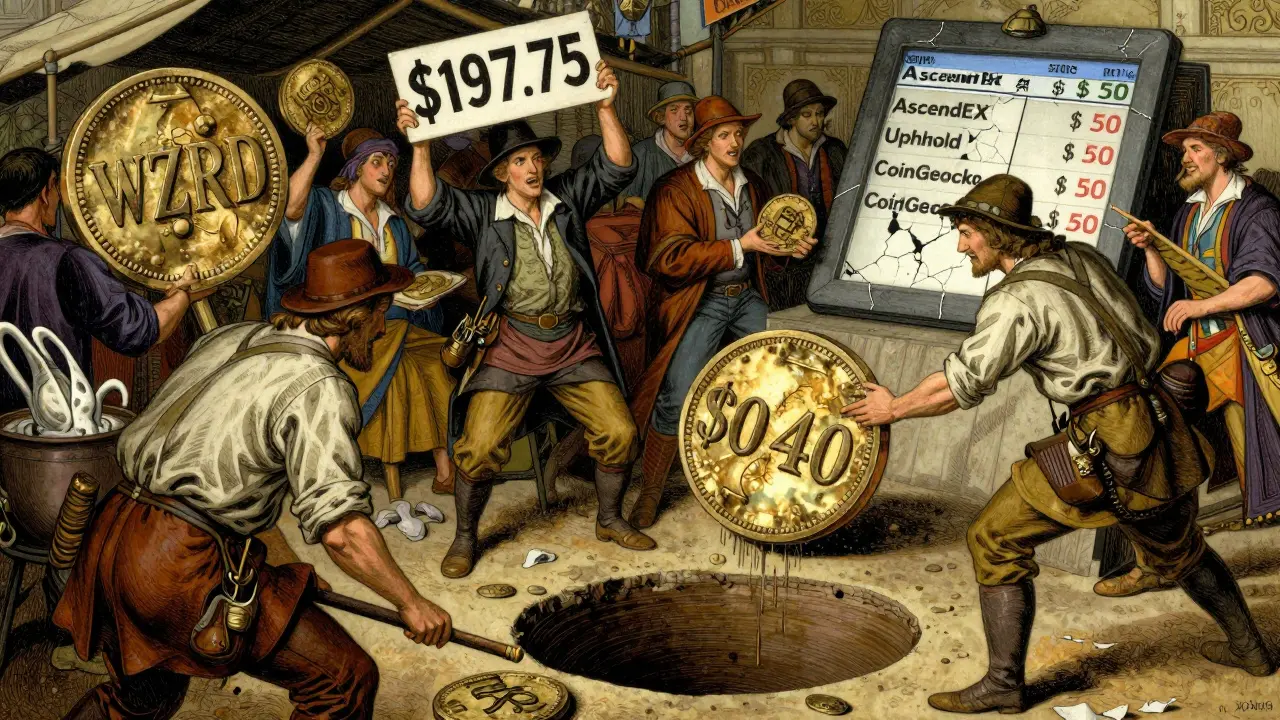Chaotic marketplace with traders bartering WZRD tokens, one dropping from 7 to <h2>Trading Volume? Barely There</h2>.40 into a void.