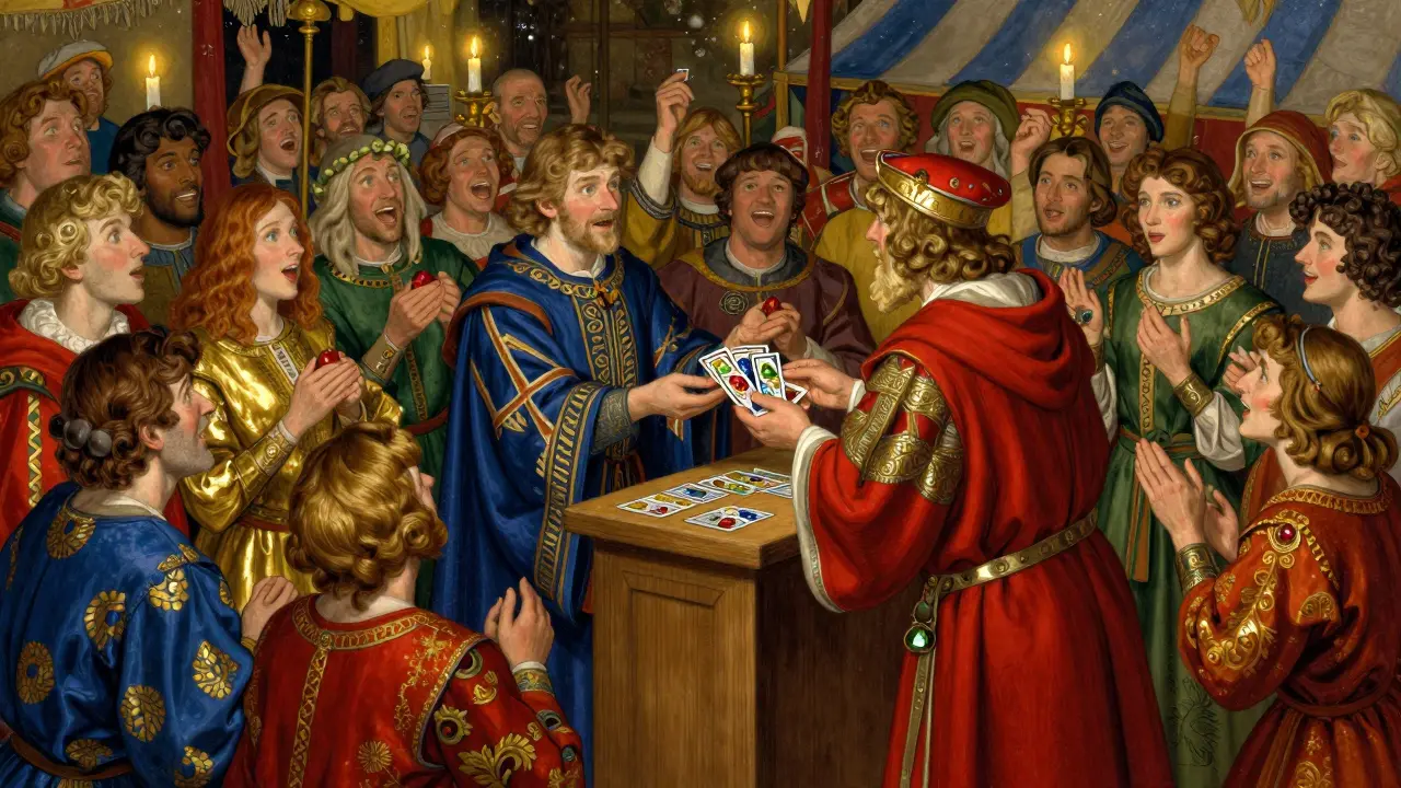 Crowd cheering while receiving gemstone rewards from official