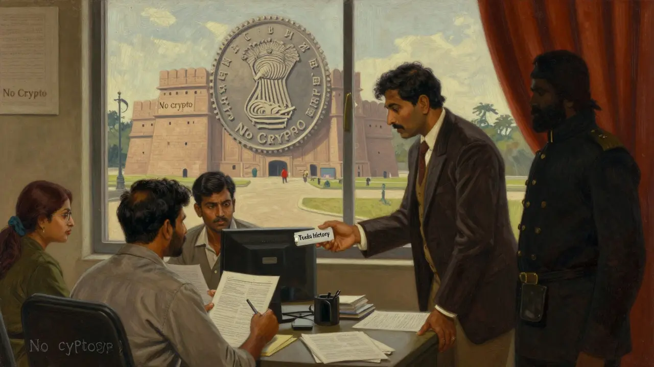 Crypto exchange workers handing paperwork as a giant RBI emblem looms outside, rendered in Howard Pyle's detailed oil-paint style.