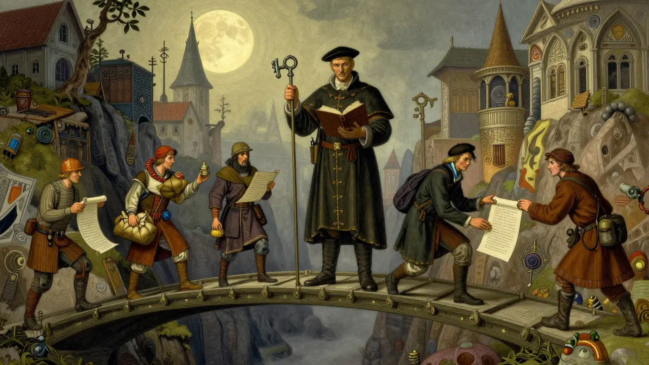 Custodian guardian guarding a bridge between lands