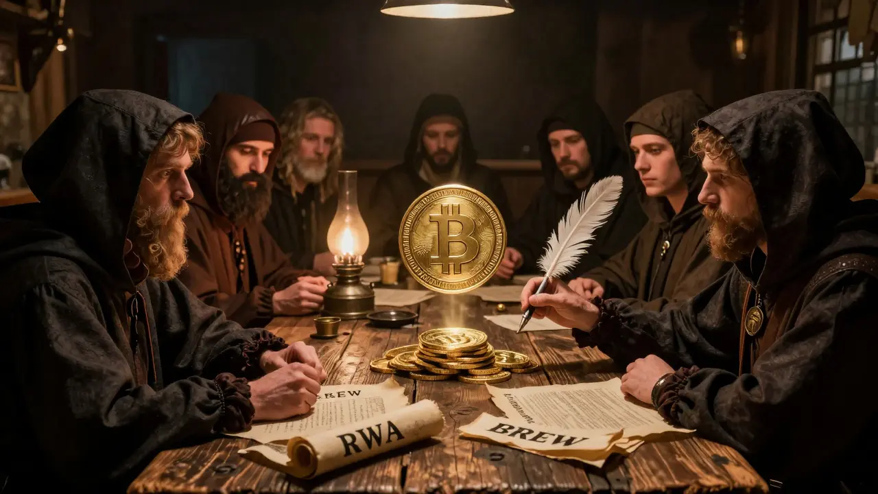 DeFi pioneers examine a floating gold token on an oak table, swapping it with quills and parchment scrolls labeled 'RWA'.