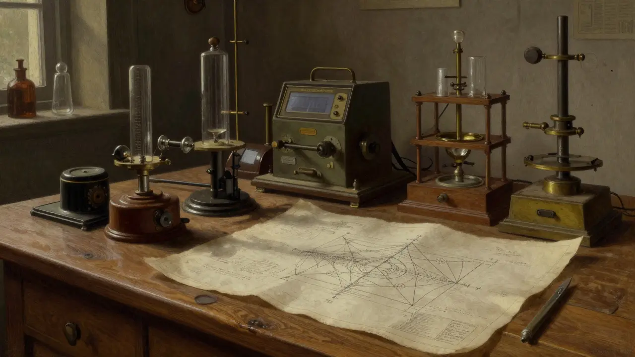 Dusty laboratory with old machines and blueprints in dim natural light.
