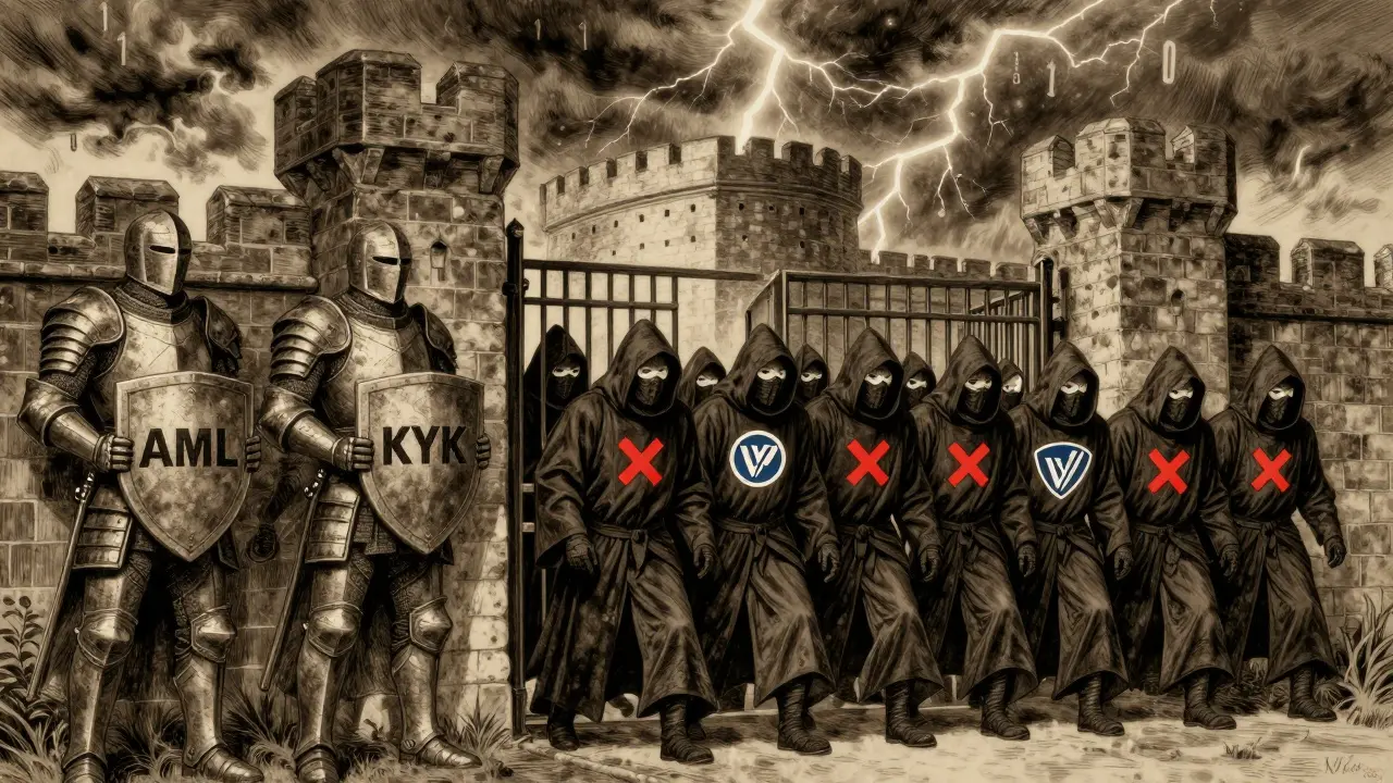 Exchange guards block masked users attempting to access a crypto platform, with seven out of ten marked as detected.