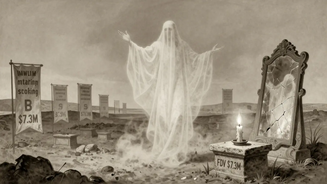 Fading ghost of the original Bitcoin Wizard NFT above an empty blockchain landscape with a single flickering candle.