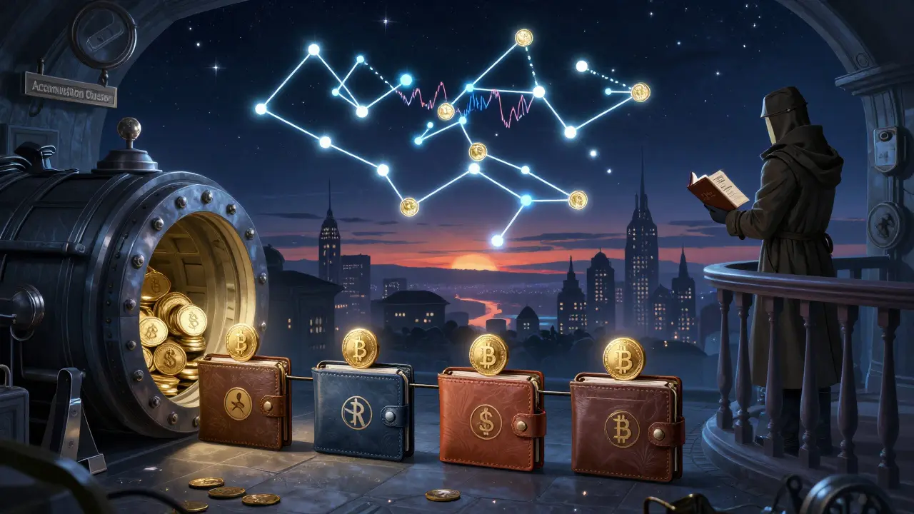 Five secret wallets transferring ETH into an accumulation vault as celestial blockchain maps glow above.