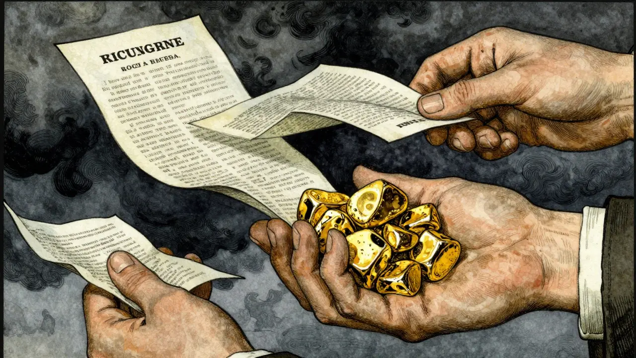 Hand holding coins versus paper promises in wind