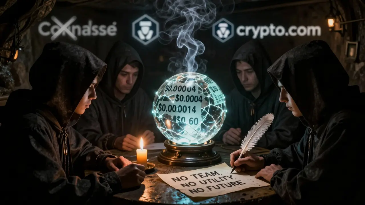 Hooded figures gathered around a glowing crystal ball showing conflicting crypto prices, with a quill writing a warning on parchment.