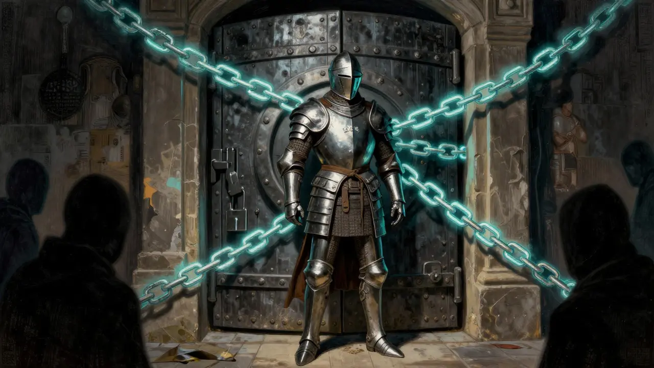 Knight guardian standing before glowing chained security vault