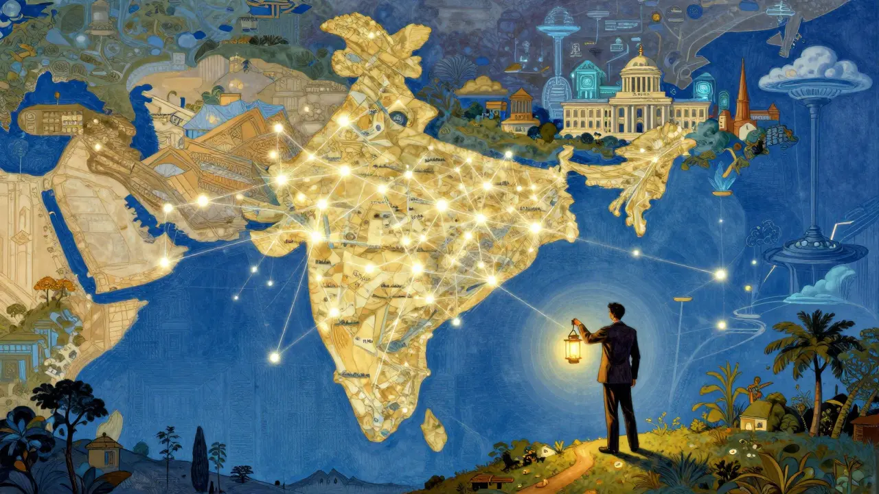 Map of India with digital network lines and an investor looking at the horizon.