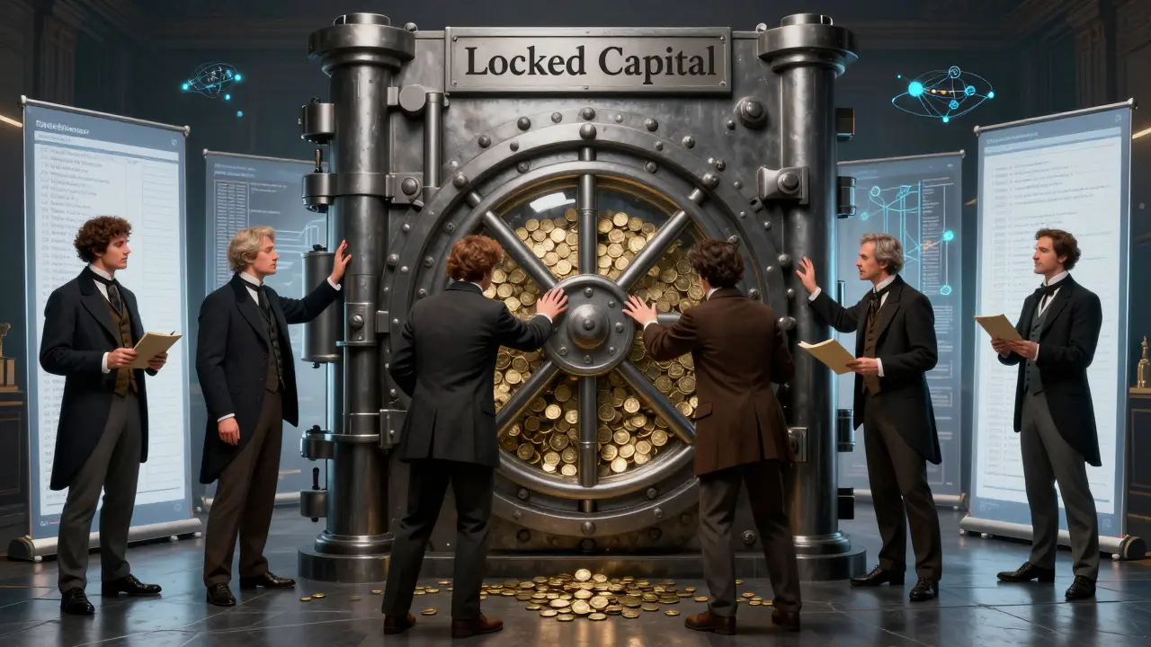 Merchants stare helplessly at a locked vault of capital while modern rollups shine nearby, illustrating the economic burden of state channels.