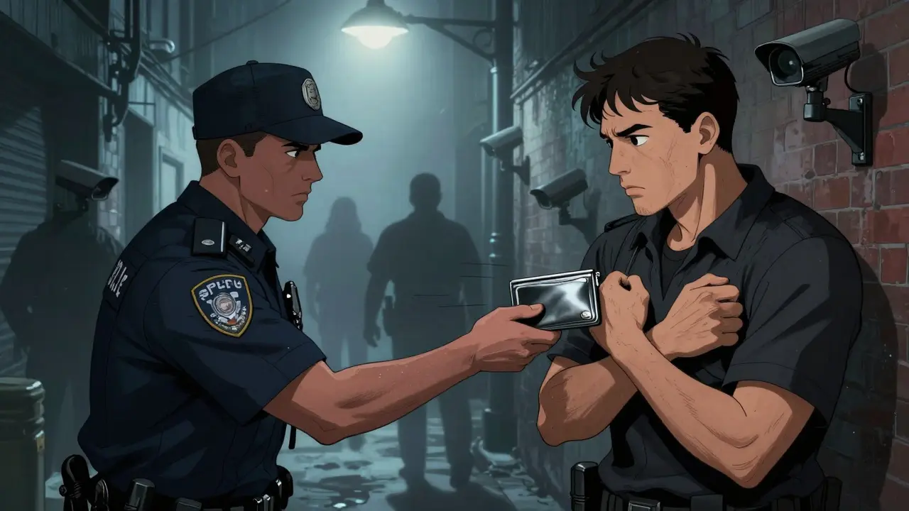 Officer seizing wallet from person in alley.