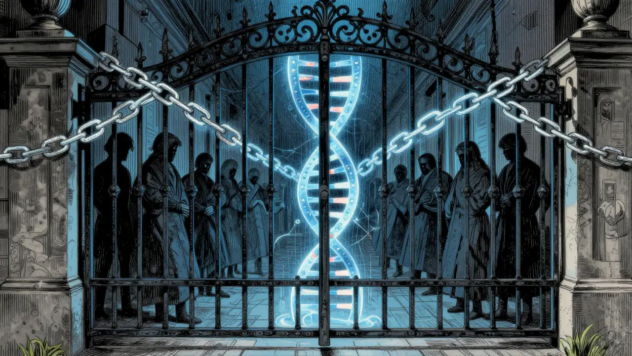 Secure vault with digital chains protects floating genetic strand from shadows.