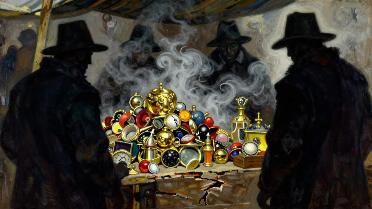 Shadowy stall offers shiny fake treasures