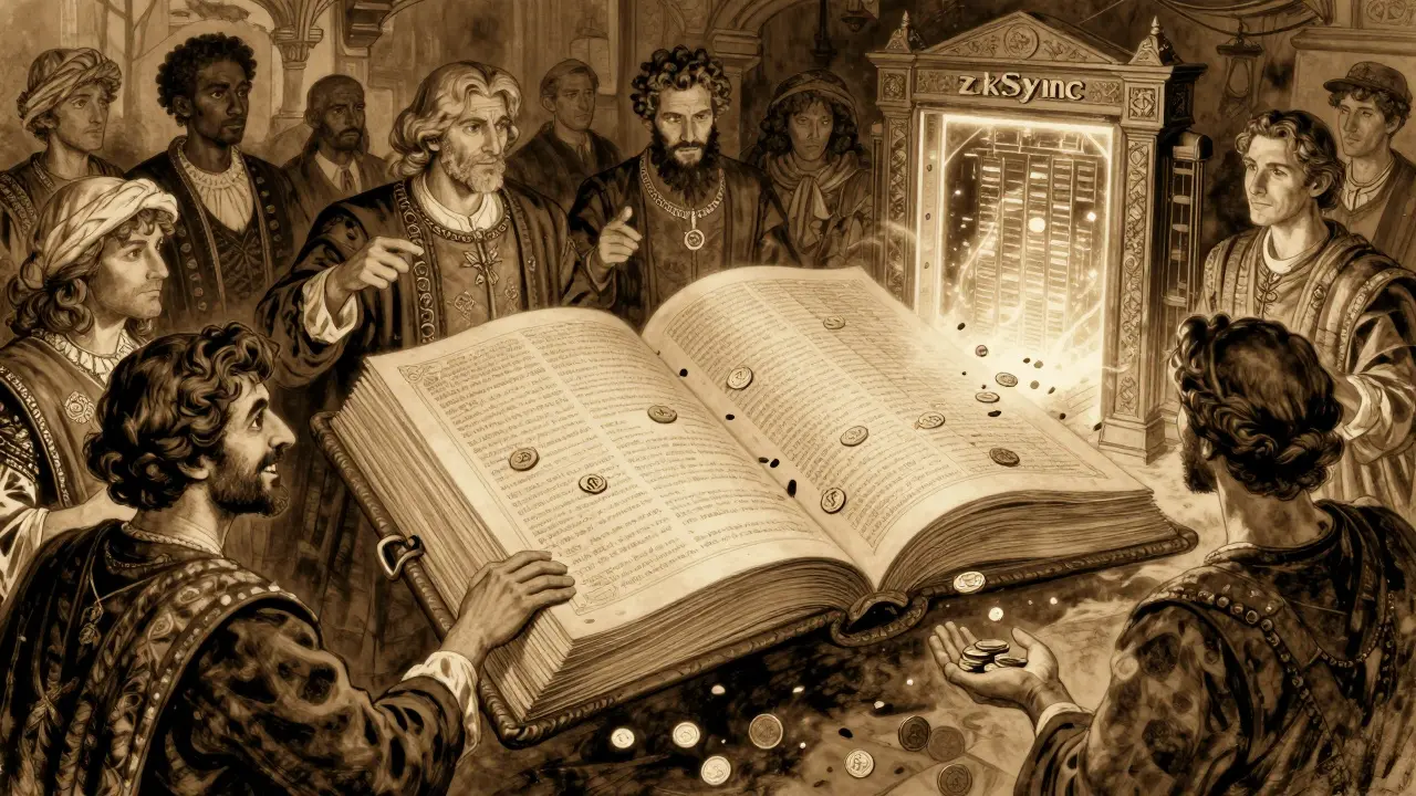 Traders gather around a floating ledger spilling $ZF tokens, while a massive zkSync Era gate bundles transactions in golden light.