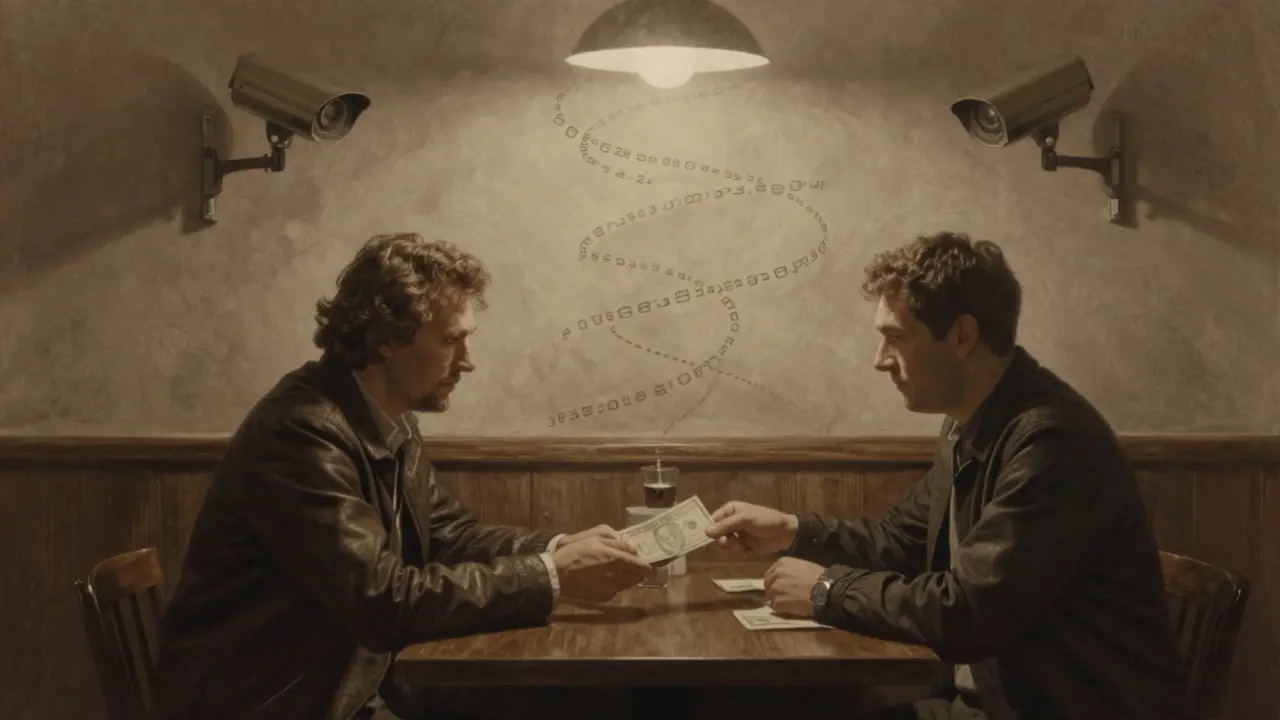 Two people exchange cash in a coffee shop, but their shadows reveal hidden blockchain traces and cameras.