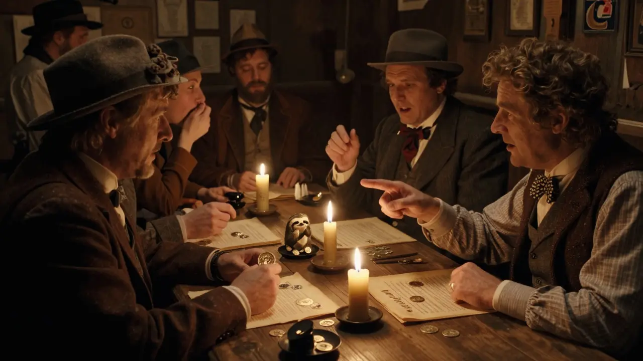 Vintage traders in period clothing negotiate SLOTH tokens under candlelight in a chaotic marketplace.