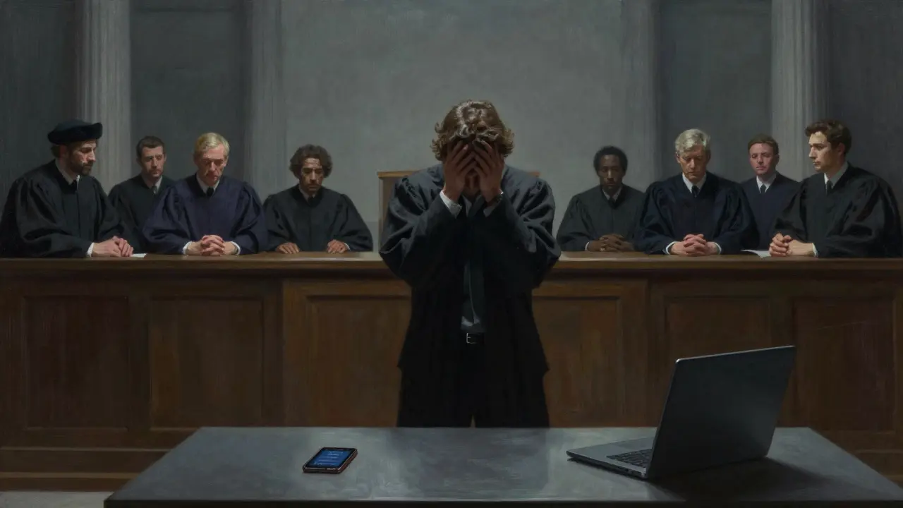 A distressed person facing judges in a moody, dimly lit courtroom setting.
