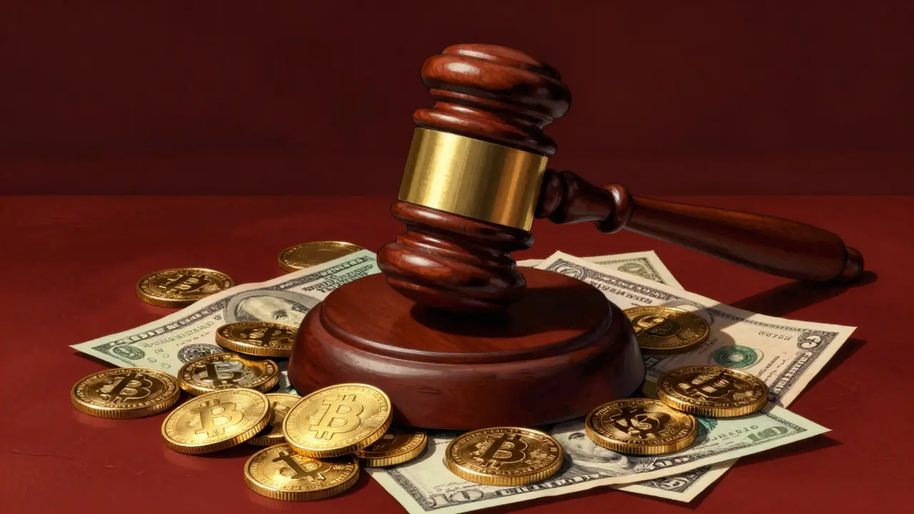 A giant gavel looming over digital coins and currency in a conceptual art style.