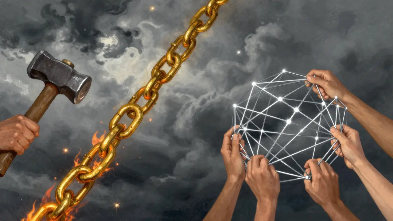 A golden chain splitting into two different paths, representing PoW and PoS mechanisms.