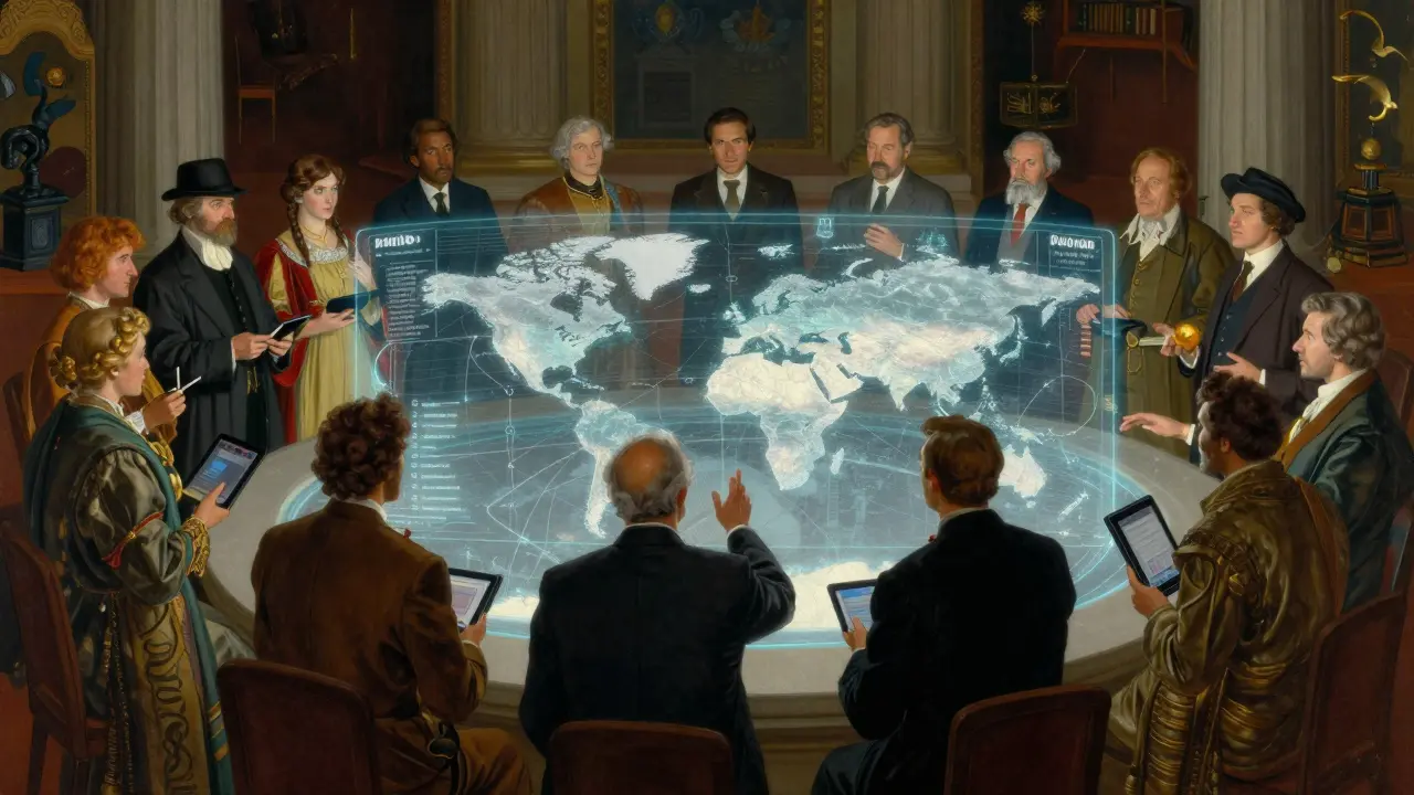 A group of people collaborating around a holographic world map in a grand hall.