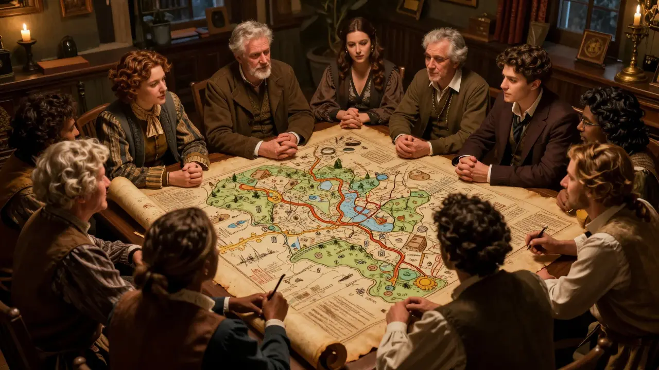 A group of people studying a large parchment map in a warmly lit room.