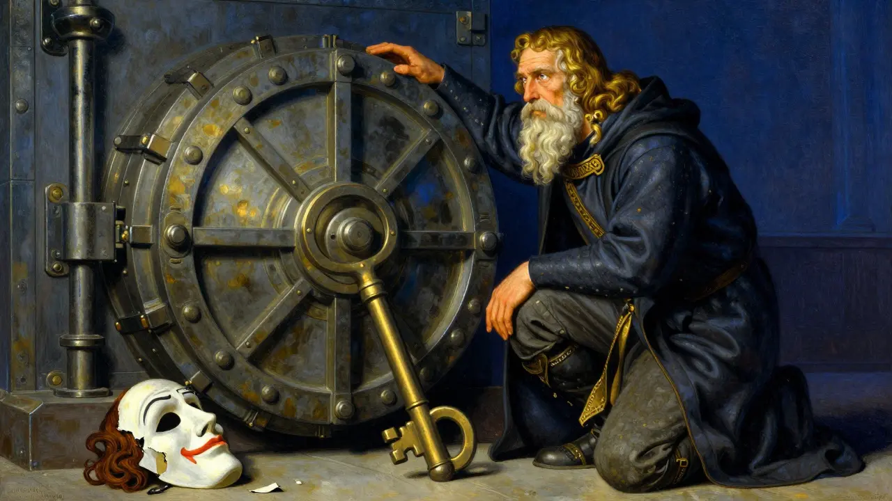 A guardian protecting a secure iron vault with a large key