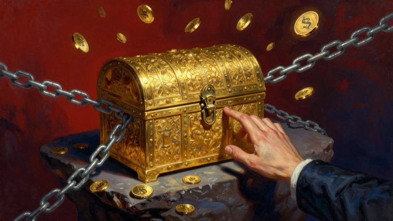 A hand reaching for a golden treasure chest that is actually a trap over a dark void.