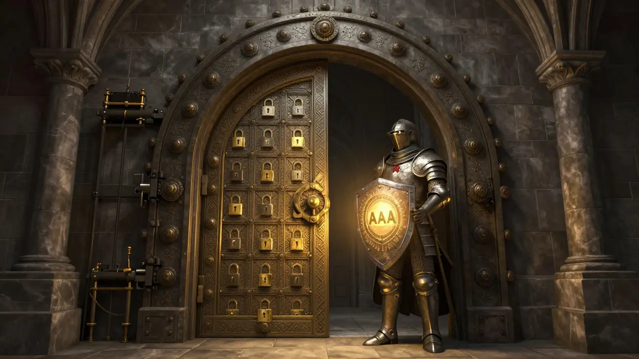 A heavily armored guardian protecting a massive, intricately engraved digital vault door.
