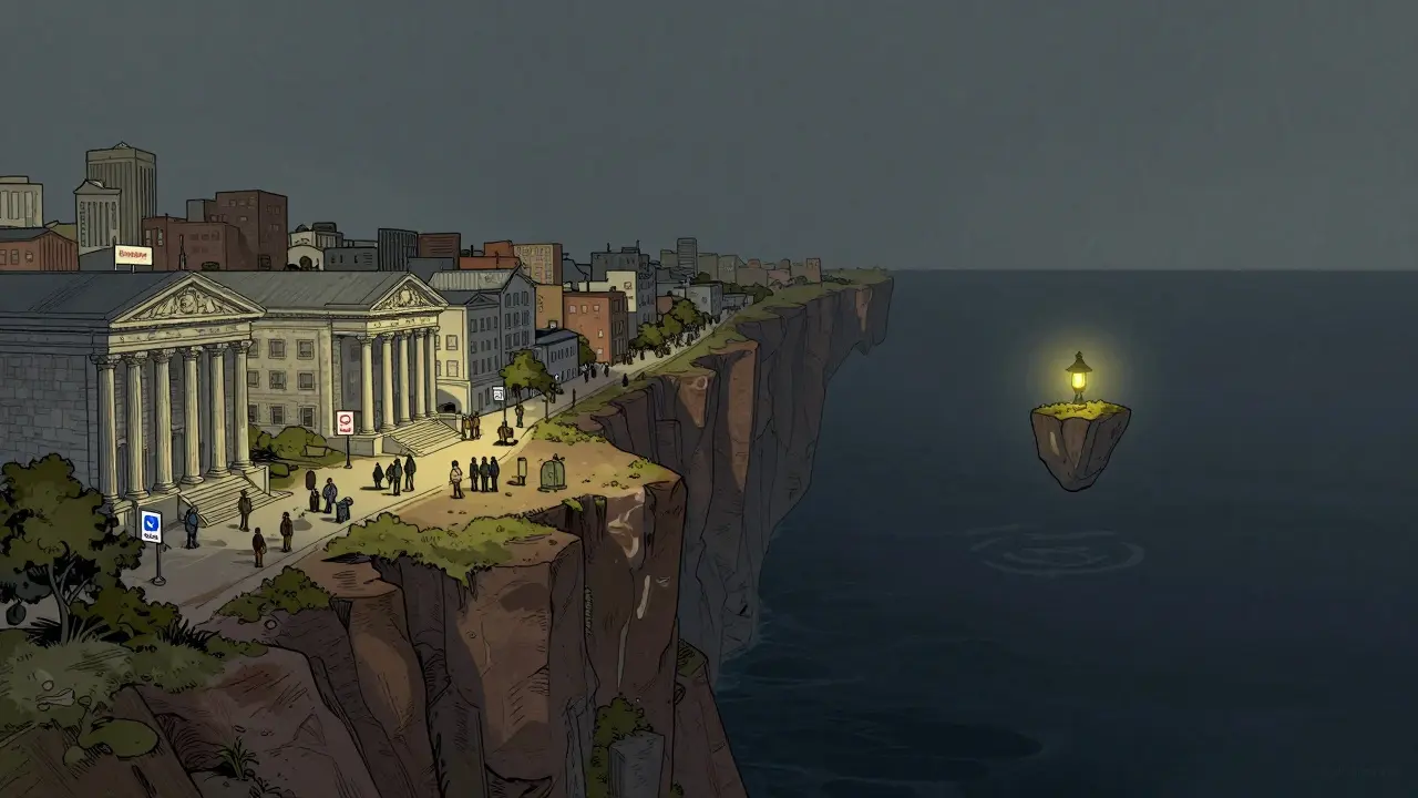 A lonely island with a lantern separated from a bustling golden city by a wide chasm.