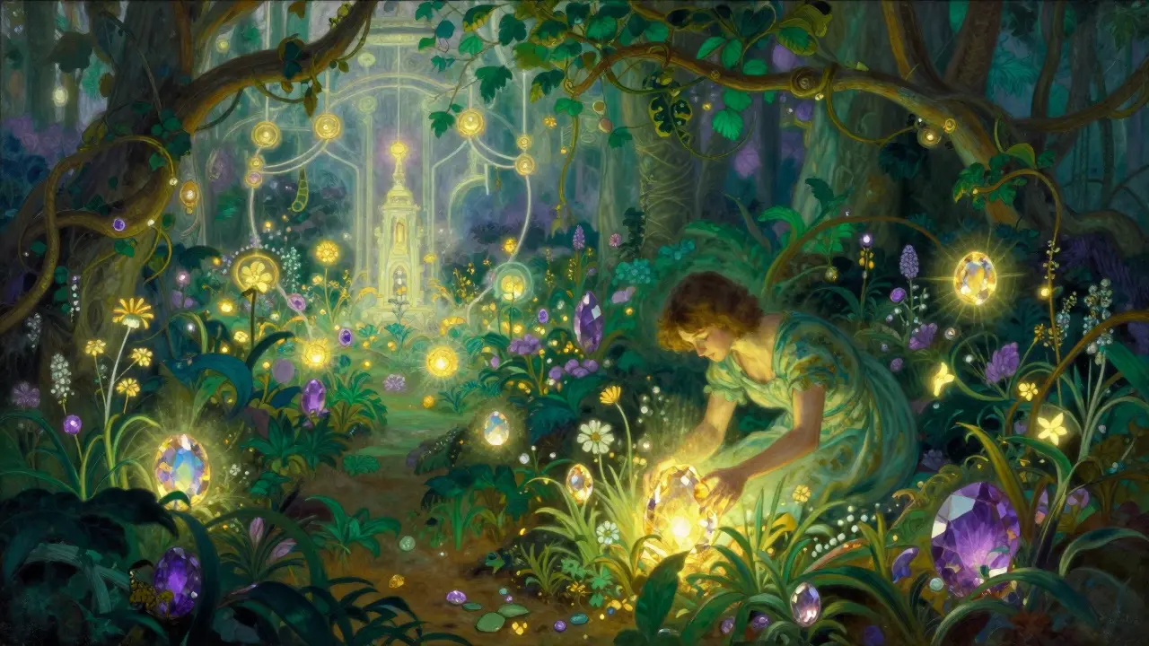 A magical garden with glowing gems and ethereal plants.