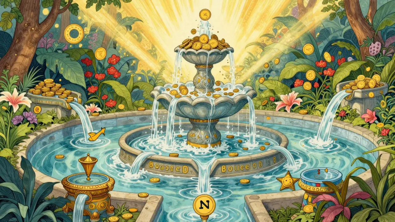 A magical tiered fountain routing glowing assets into multiple reservoirs.