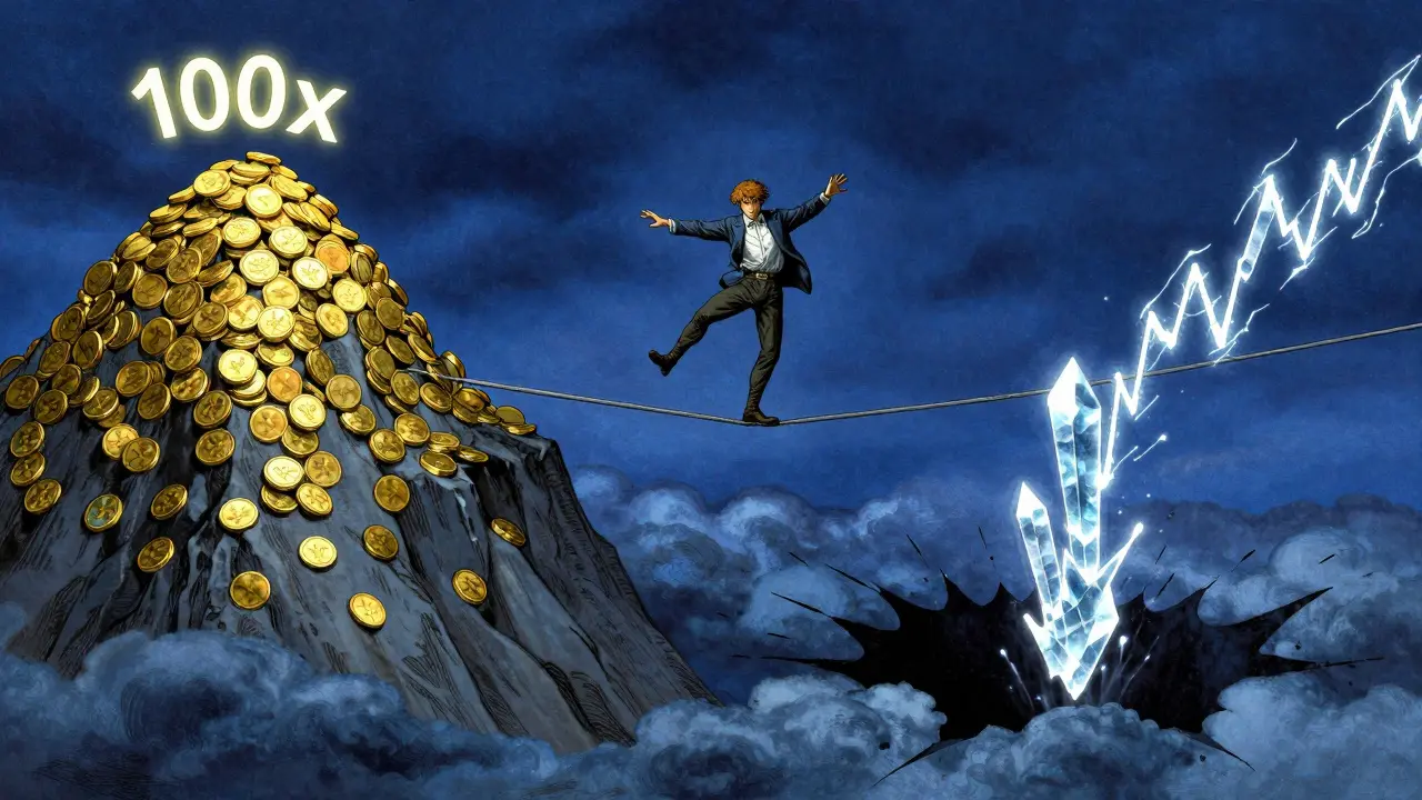 A man balancing on a glowing market line over a dark abyss, representing high-leverage trading risks.