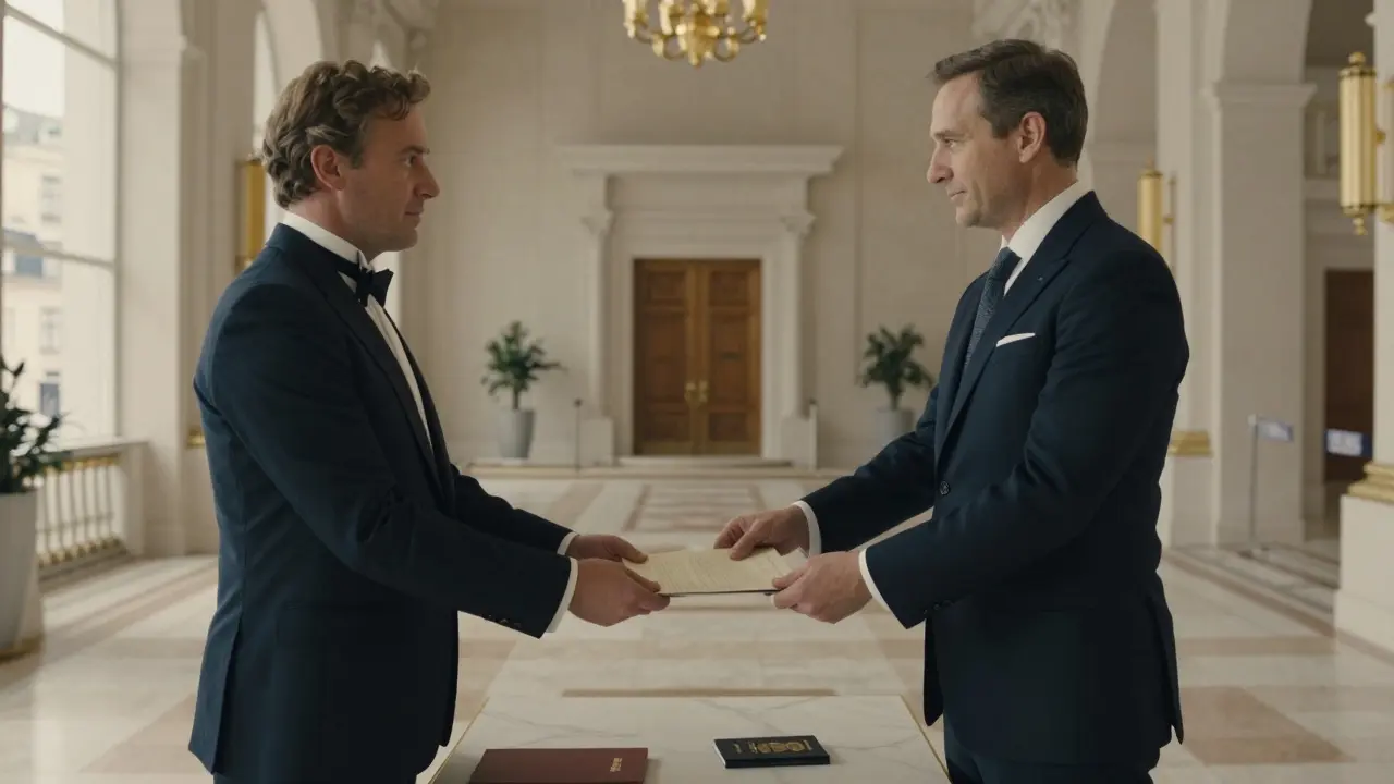 A person at a consulate handing over documents and receiving a new passport for a second citizenship.