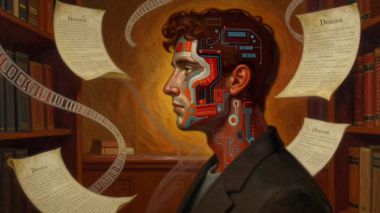 A person with a translucent physical form and a bold digital avatar identity.